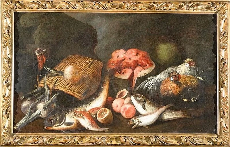 Natura morta con sporta, pesci, tacchino, galline, frutti ed ortaggi